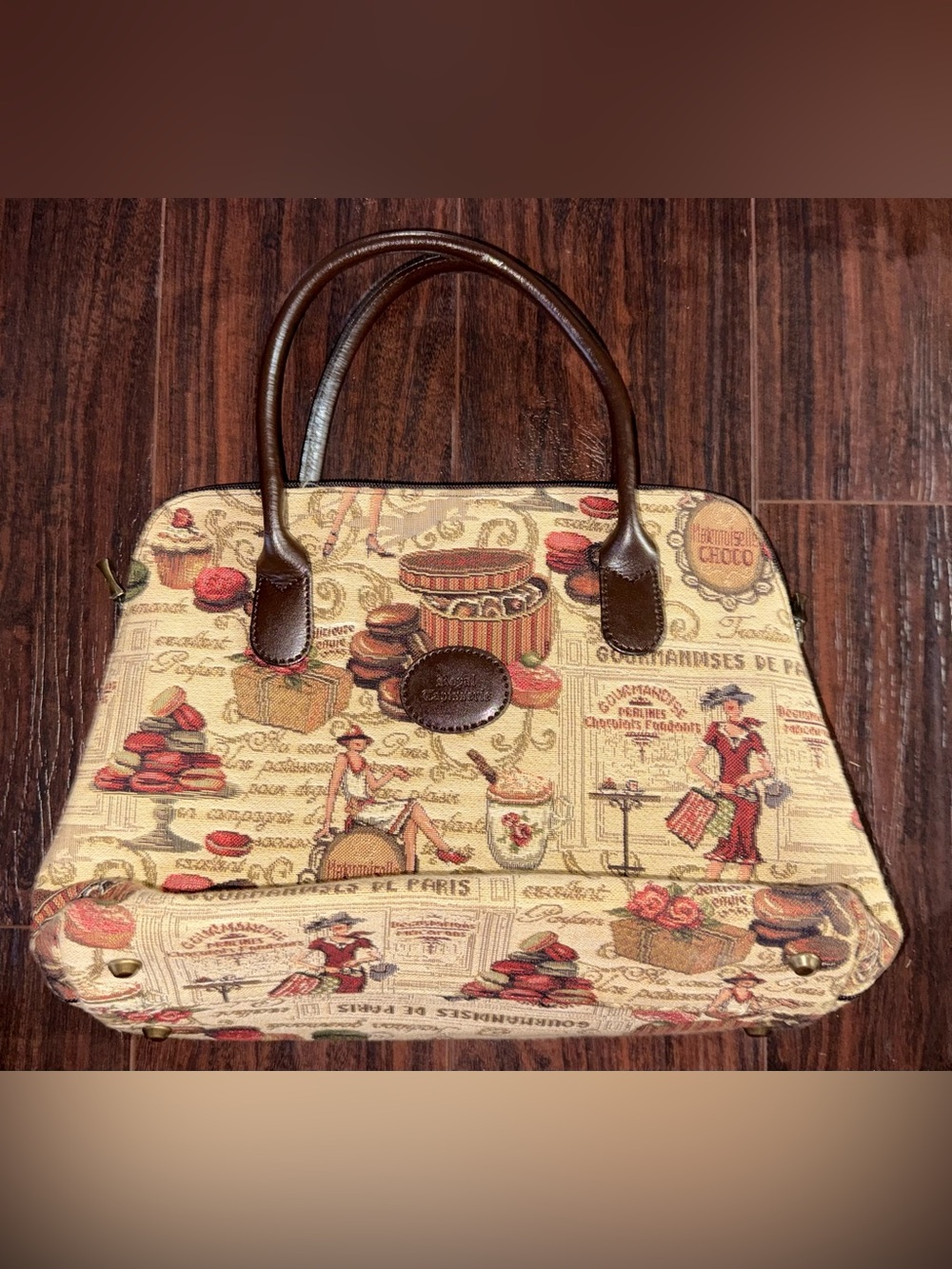 Vintage-Style Cream & Brown Printed Tote Bag